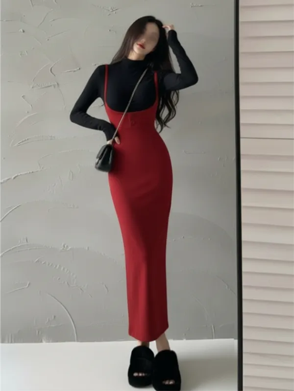 Ekeshwara_Red_Crimson_Bodycon_Pinafore_Maxi_Dress|_Model_Height_5.8inch_,_Fabric_All_Way_Stretchable