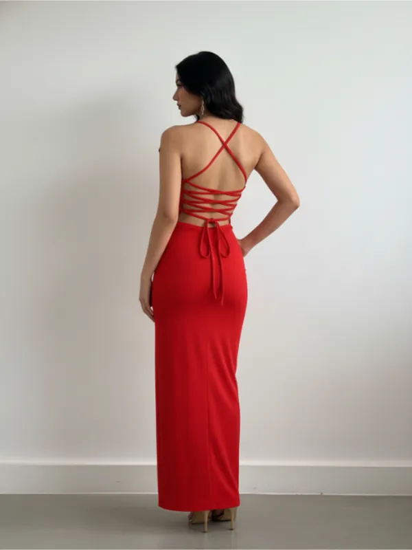 Ekeshwara_Red_Floral_Accent_Strappy_Back_Maxi_Dress_For_Women|_Model_Height_5.8inch_,_Fabric_All_Way_Stretchable