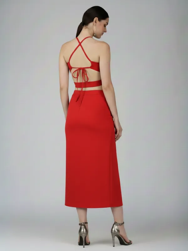 Ekeshwara_Red_Halter_Crop_Top_and_Ruched_High_Slit_Midi_Skirt_Set|_Model_Height_5.8inch_,_Fabric_All_Way_Stretchable