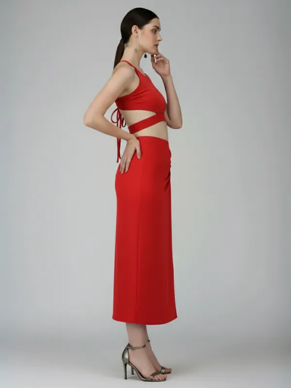 Ekeshwara_Red_Halter_Crop_Top_and_Ruched_High_Slit_Midi_Skirt_Set|_Model_Height_5.8inch_,_Fabric_All_Way_Stretchable
