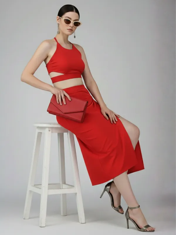 Ekeshwara_Red_Halter_Crop_Top_and_Ruched_High_Slit_Midi_Skirt_Set|_Model_Height_5.8inch_,_Fabric_All_Way_Stretchable