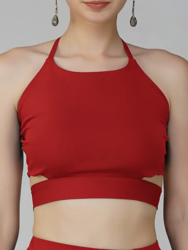Ekeshwara_Red_Halter_Crop_Top_and_Ruched_High_Slit_Midi_Skirt_Set|_Model_Height_5.8inch_,_Fabric_All_Way_Stretchable