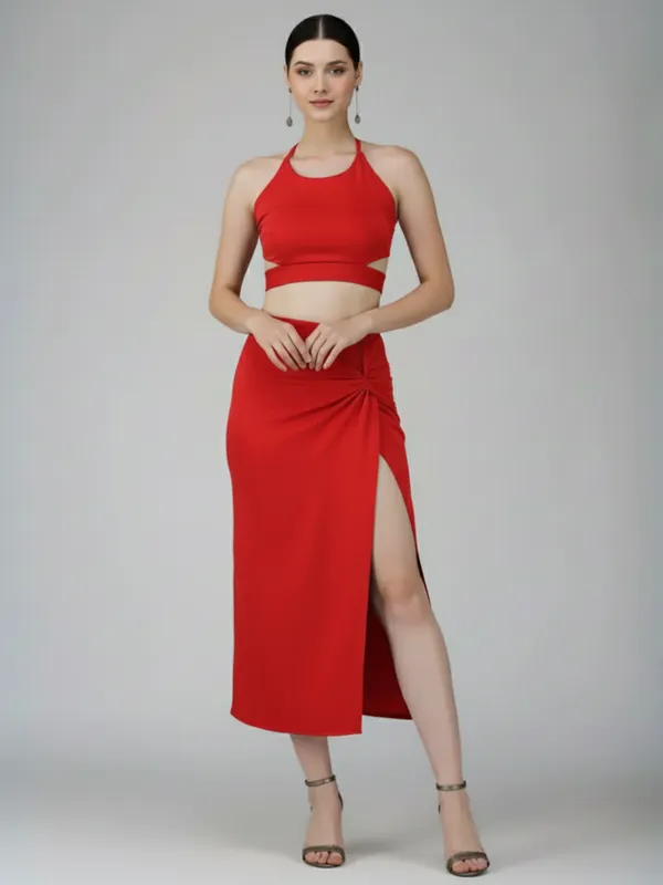 Ekeshwara_Red_Halter_Crop_Top_and_Ruched_High_Slit_Midi_Skirt_Set|_Model_Height_5.8inch_,_Fabric_All_Way_Stretchable
