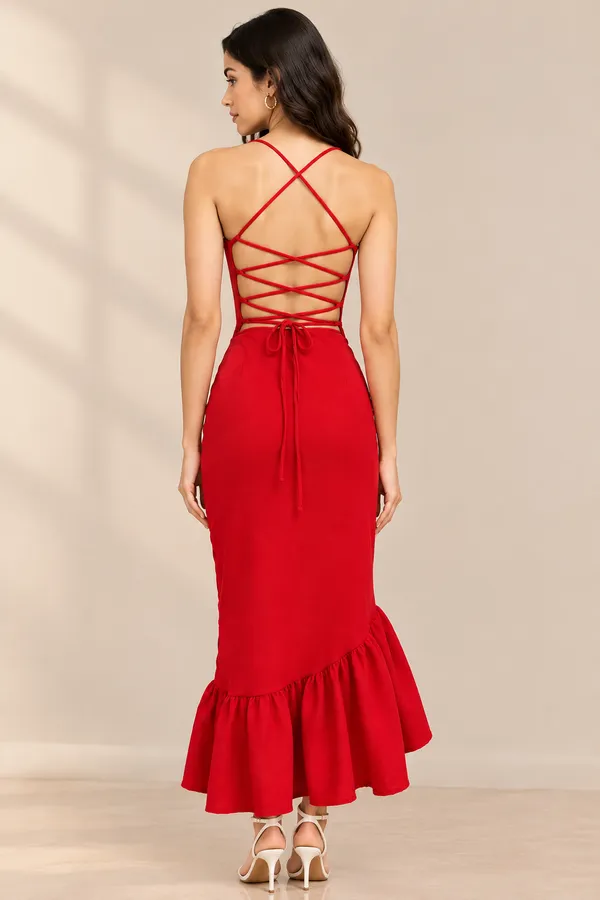 Ekeshwara_Red_Lace-Up_Back_Asymmetric_Ruffle_Dress_|_Model_Height_5.8inch_,_Fabric_All_Way_Stretchable