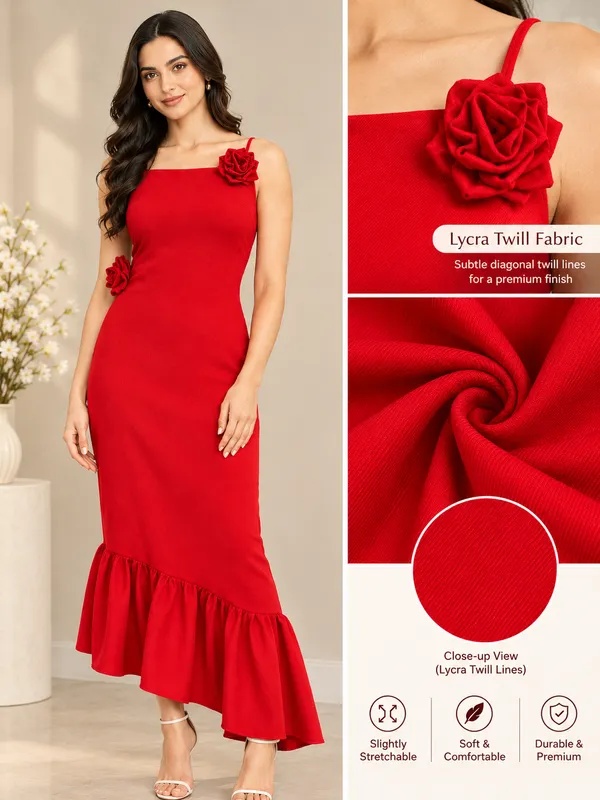 Ekeshwara_Red_Lace-Up_Back_Asymmetric_Ruffle_Dress_|_Model_Height_5.8inch_,_Fabric_All_Way_Stretchable