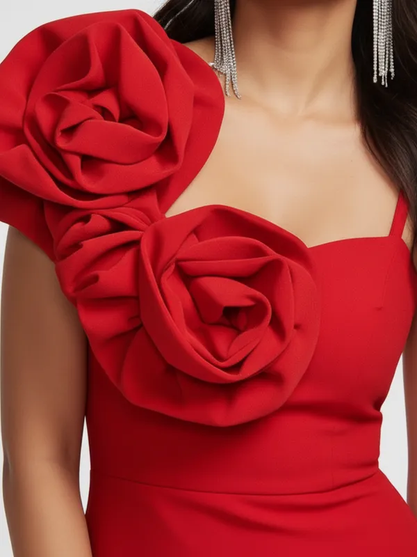 Ekeshwara_Red_Bodycon_Midi_Dress_with_Dramatic_Floral_Applique|_Model_Height_5.8inch_,_Fabric_All_Way_Stretchable