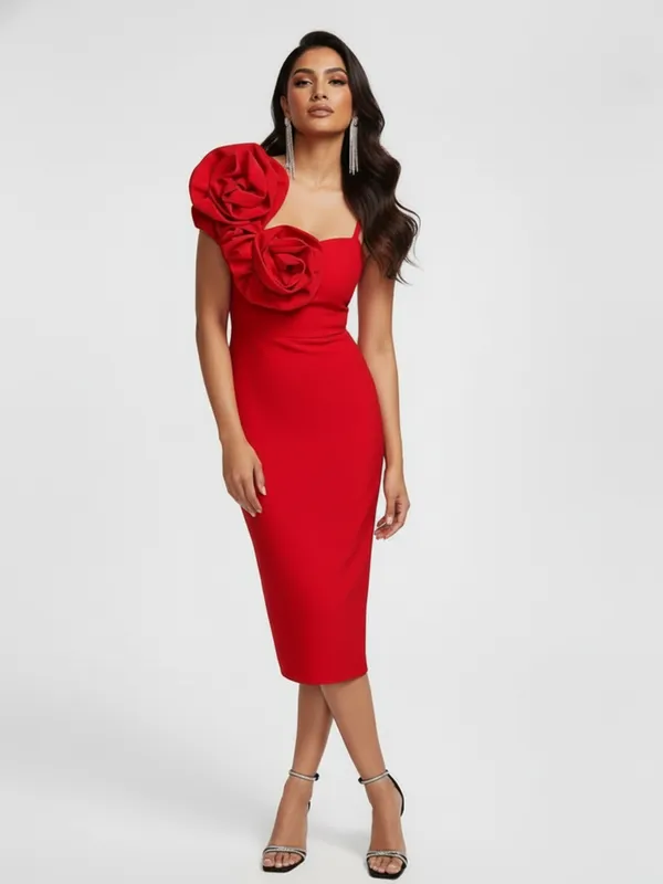 Ekeshwara_Red_Bodycon_Midi_Dress_with_Dramatic_Floral_Applique|_Model_Height_5.8inch_,_Fabric_All_Way_Stretchable