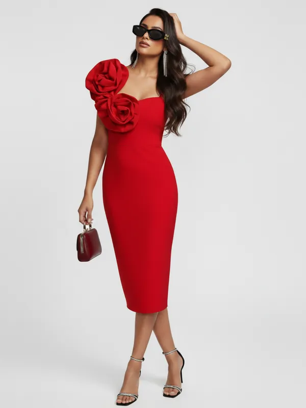 Ekeshwara_Red_Bodycon_Midi_Dress_with_Dramatic_Floral_Applique|_Model_Height_5.8inch_,_Fabric_All_Way_Stretchable