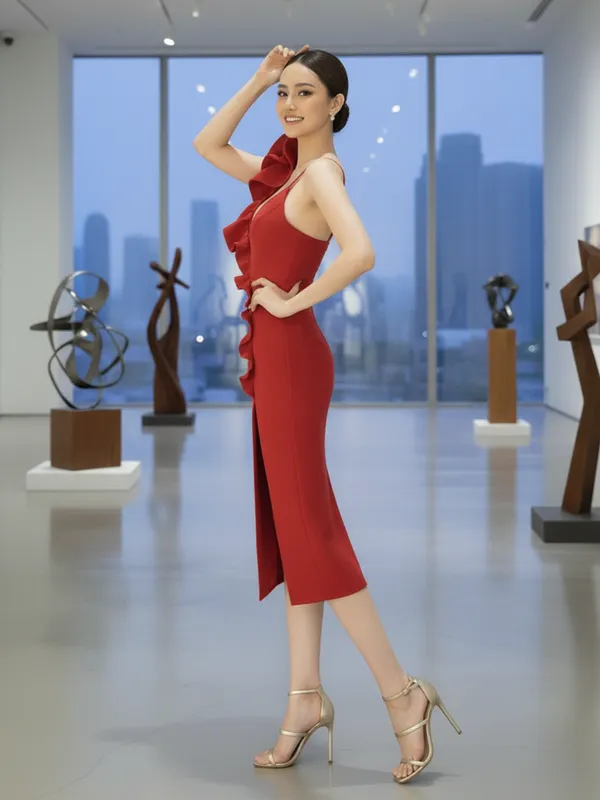 Ekeshwara_Red_One-Shoulder_Ruffle_Slit_Cocktail_Dress|_Model_Height_5.8inch_,_Fabric_All_Way_Stretchable