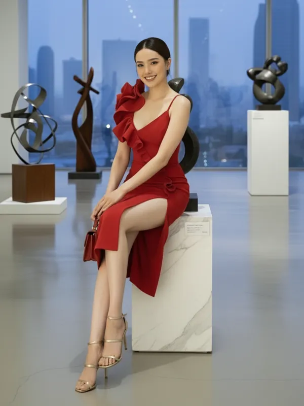 Ekeshwara_Red_One-Shoulder_Ruffle_Slit_Cocktail_Dress|_Model_Height_5.8inch_,_Fabric_All_Way_Stretchable