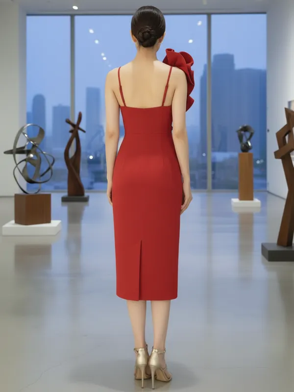 Ekeshwara_Red_One-Shoulder_Ruffle_Slit_Cocktail_Dress|_Model_Height_5.8inch_,_Fabric_All_Way_Stretchable