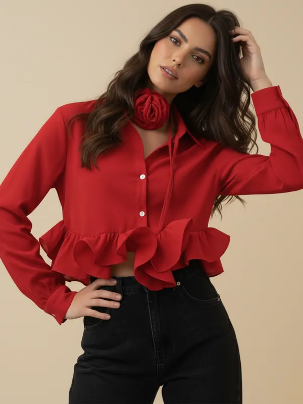Ekeshwara_Red_Ruffle_Detail_Women's_Shirt_??Button_Down_with_Floral_Tie,_Elegant_Statement_Top|_Model_Height_5.8inch_,_Fabric_All_Way_Stretchable