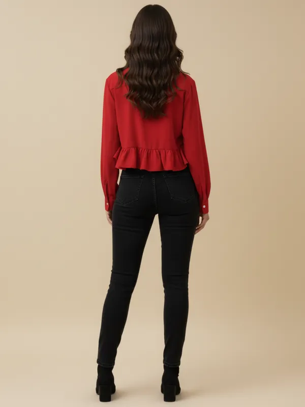 Ekeshwara_Red_Ruffle_Detail_Women's_Shirt_??Button_Down_with_Floral_Tie,_Elegant_Statement_Top|_Model_Height_5.8inch_,_Fabric_All_Way_Stretchable