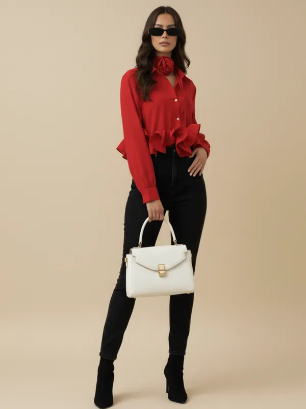 Ekeshwara_Red_Ruffle_Detail_Women's_Shirt_??Button_Down_with_Floral_Tie,_Elegant_Statement_Top|_Model_Height_5.8inch_,_Fabric_All_Way_Stretchable