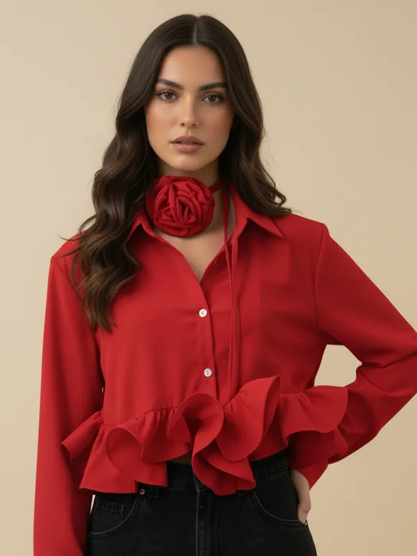 Ekeshwara_Red_Ruffle_Detail_Women's_Shirt_??Button_Down_with_Floral_Tie,_Elegant_Statement_Top|_Model_Height_5.8inch_,_Fabric_All_Way_Stretchable
