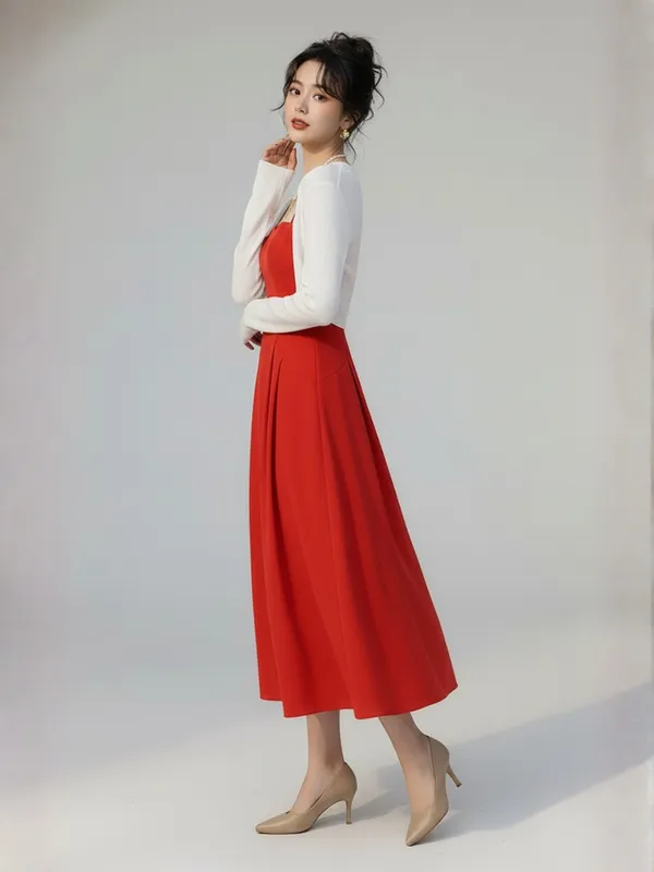 Ekeshwara_Red_Sweetheart_Neck_A-Line_Midi_Dress_with_White_Shrug|_Model_Height_5.8inch_,_Fabric_All_Way_Stretchable