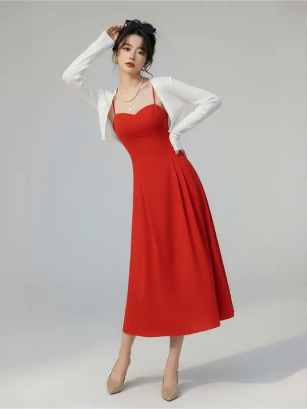 Ekeshwara_Red_Sweetheart_Neck_A-Line_Midi_Dress_with_White_Shrug|_Model_Height_5.8inch_,_Fabric_All_Way_Stretchable
