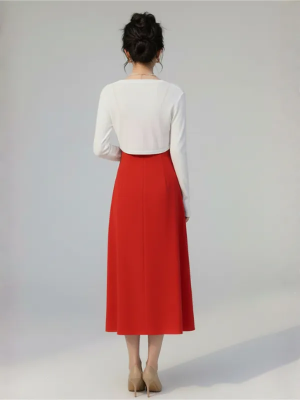 Ekeshwara_Red_Sweetheart_Neck_A-Line_Midi_Dress_with_White_Shrug|_Model_Height_5.8inch_,_Fabric_All_Way_Stretchable