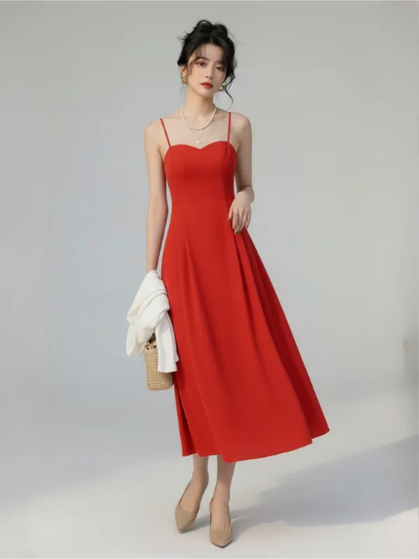 Ekeshwara_Red_Sweetheart_Neck_A-Line_Midi_Dress_with_White_Shrug|_Model_Height_5.8inch_,_Fabric_All_Way_Stretchable