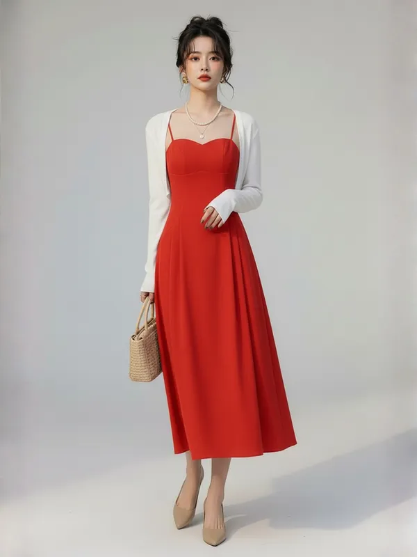 Ekeshwara_Red_Sweetheart_Neck_A-Line_Midi_Dress_with_White_Shrug|_Model_Height_5.8inch_,_Fabric_All_Way_Stretchable