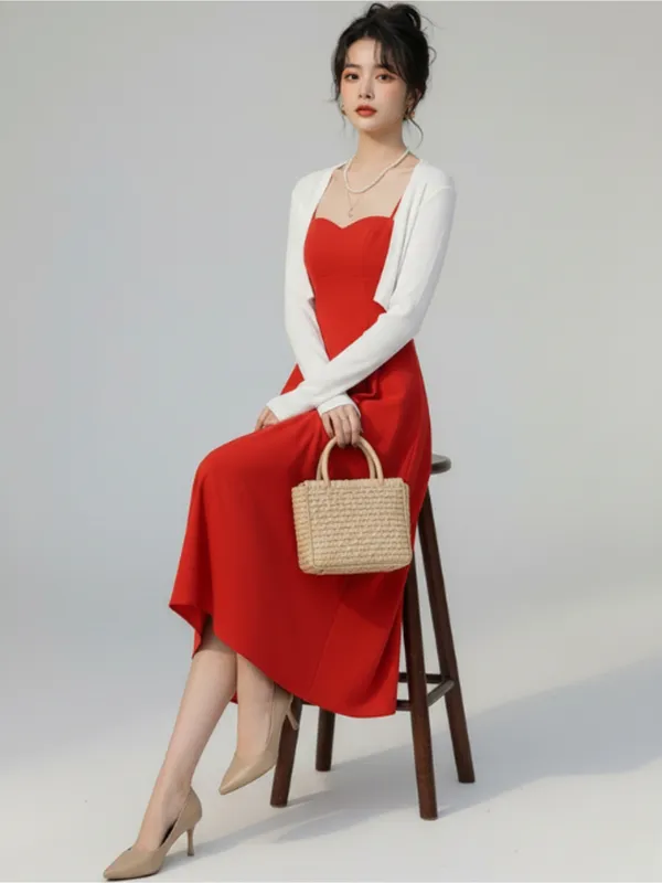 Ekeshwara_Red_Sweetheart_Neck_A-Line_Midi_Dress_with_White_Shrug|_Model_Height_5.8inch_,_Fabric_All_Way_Stretchable
