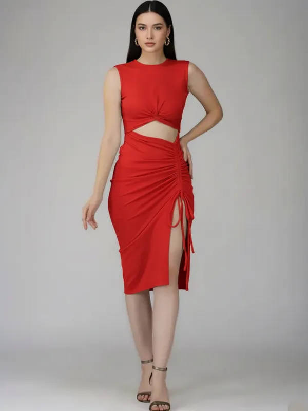 Ekeshwara_Red_bodycon_cocktail_party_dress|_Model_Height_5.8inch_,_Fabric_All_Way_Stretchable