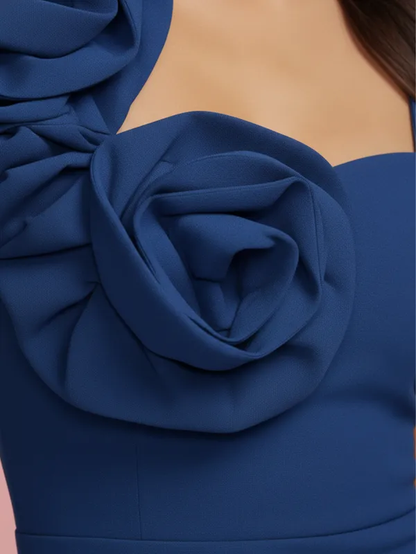 Ekeshwara_Airforce_Blue_Bodycon_Midi_Dress_with_3D_Floral_Applique|_Model_Height_5.8inch_,_Fabric_All_Way_Stretchable