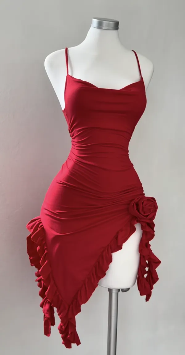 Ekeshwara_Ruched_Asymmetric_Rosette_Mini_Dress_–_Crimson_Scarlet|_Model_Height_5.8inch_,_Fabric_All_Way_Stretchable