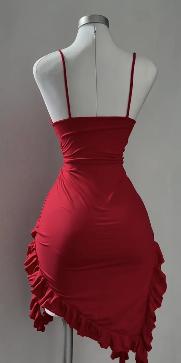 Ekeshwara_Ruched_Asymmetric_Rosette_Mini_Dress_–_Crimson_Scarlet|_Model_Height_5.8inch_,_Fabric_All_Way_Stretchable