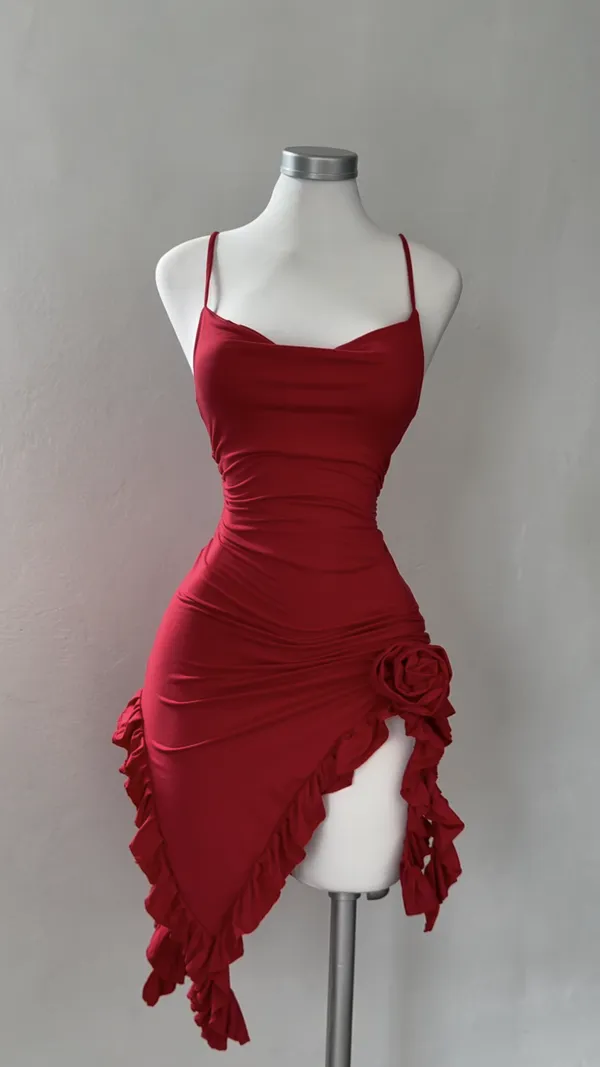 Ekeshwara_Ruched_Asymmetric_Rosette_Mini_Dress_–_Crimson_Scarlet|_Model_Height_5.8inch_,_Fabric_All_Way_Stretchable
