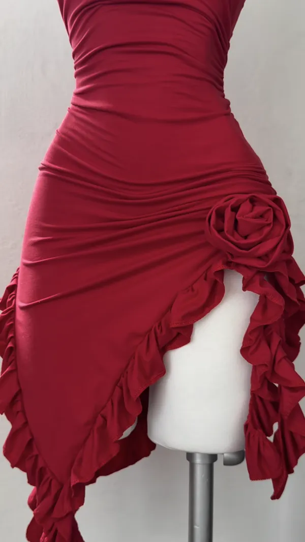 Ekeshwara_Ruched_Asymmetric_Rosette_Mini_Dress_–_Crimson_Scarlet|_Model_Height_5.8inch_,_Fabric_All_Way_Stretchable