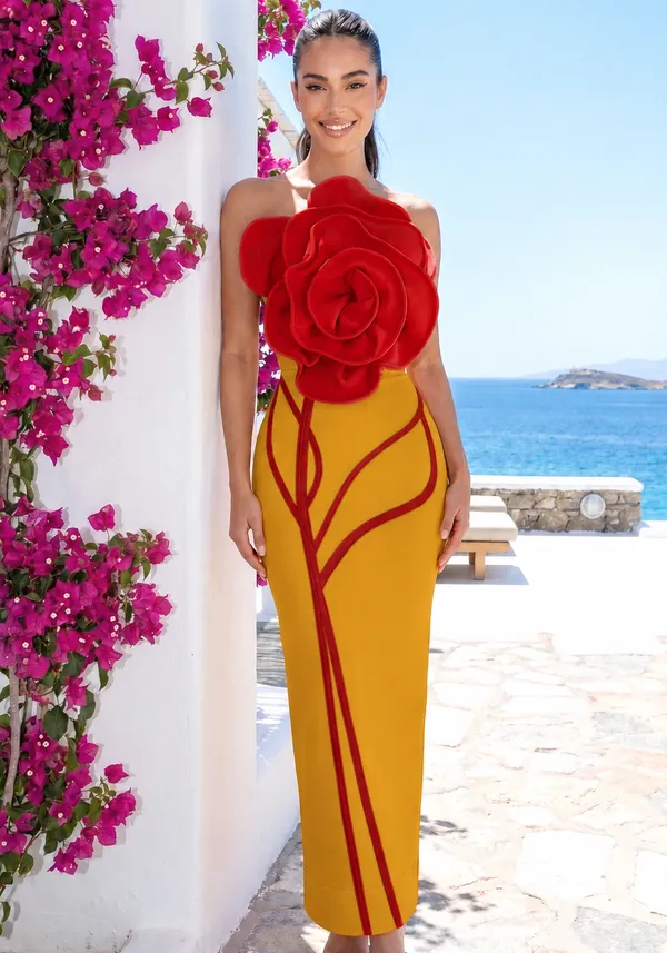Ekeshwara_Ruched_Asymmetric_Rosette_Mini_Dress_–_Crimson_Scarlet|_Model_Height_5.8inch_,_Fabric_All_Way_Stretchable