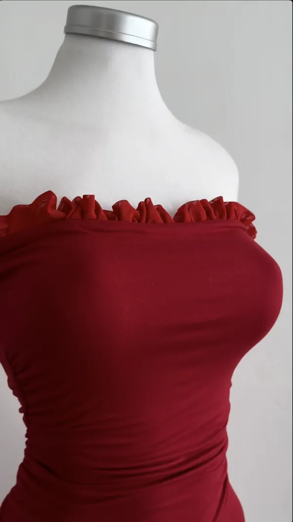 Ekeshwara_Ruched_Strapless_Ruffle_Mini_Dress_–_Crimson_Garnet|_Model_Height_5.8inch_,_Fabric_All_Way_Stretchable
