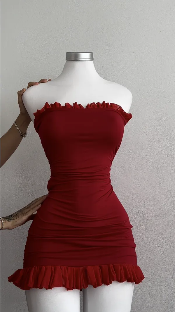 Ekeshwara_Ruched_Strapless_Ruffle_Mini_Dress_–_Crimson_Garnet|_Model_Height_5.8inch_,_Fabric_All_Way_Stretchable