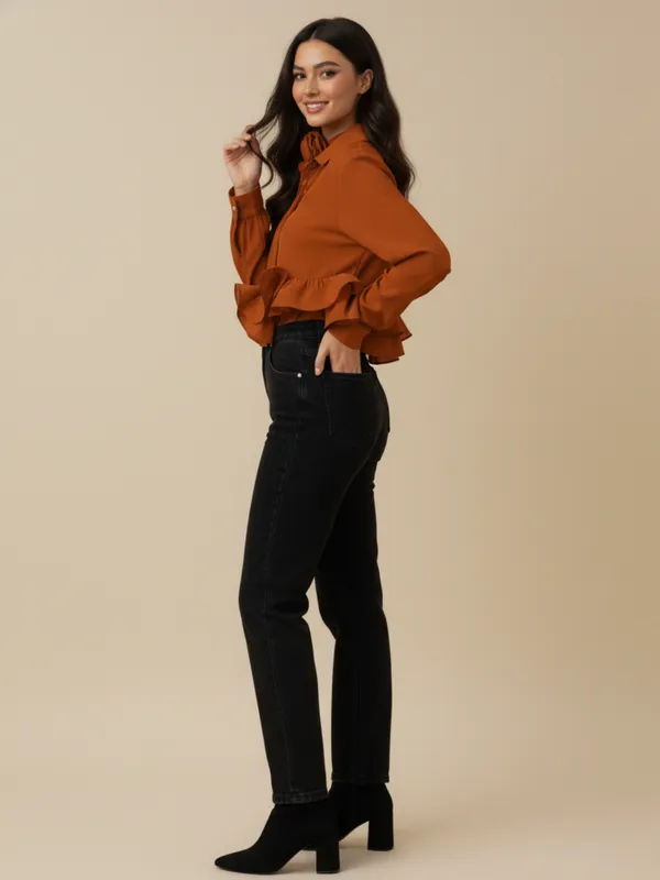 Ekeshwara_Rust_Brown_Ruffle_Detail_Women's_Shirt_??Signature_Button_Down_with_Rosette_Accent|_Model_Height_5.8inch_,_Fabric_All_Way_Stretchable