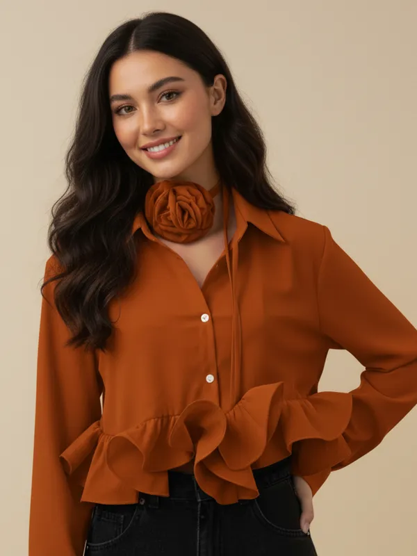 Ekeshwara_Rust_Brown_Ruffle_Detail_Women's_Shirt_??Signature_Button_Down_with_Rosette_Accent|_Model_Height_5.8inch_,_Fabric_All_Way_Stretchable