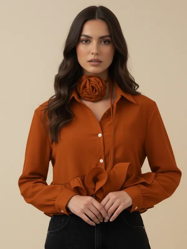 Ekeshwara_Rust_Brown_Ruffle_Detail_Women's_Shirt_??Signature_Button_Down_with_Rosette_Accent|_Model_Height_5.8inch_,_Fabric_All_Way_Stretchable