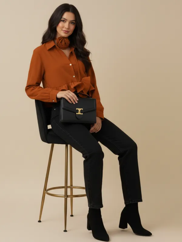 Ekeshwara_Rust_Brown_Ruffle_Detail_Women's_Shirt_??Signature_Button_Down_with_Rosette_Accent|_Model_Height_5.8inch_,_Fabric_All_Way_Stretchable