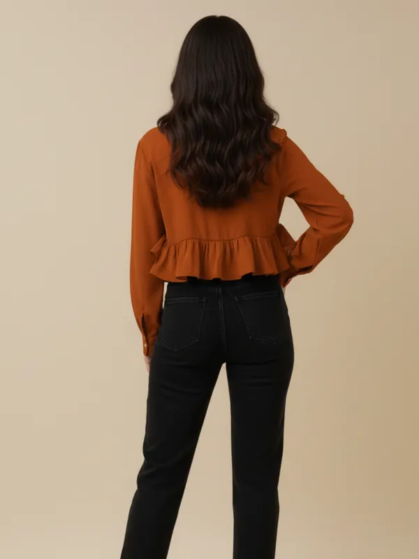 Ekeshwara_Rust_Brown_Ruffle_Detail_Women's_Shirt_??Signature_Button_Down_with_Rosette_Accent|_Model_Height_5.8inch_,_Fabric_All_Way_Stretchable