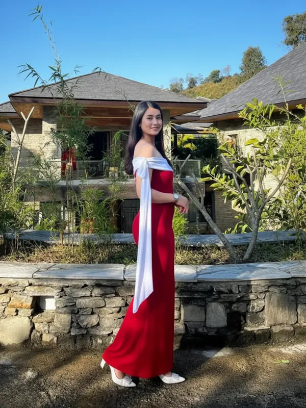 Ekeshwara_Scarlet_Off-Shoulder_Red_Maxi_Dress_with_White_Draped_Band|_Model_Height_5.8inch_,_Fabric_All_Way_Stretchable