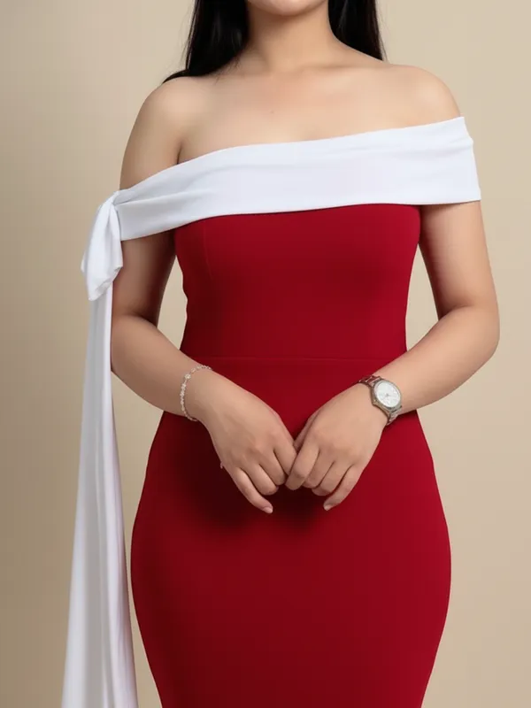 Ekeshwara_Scarlet_Off-Shoulder_Red_Maxi_Dress_with_White_Draped_Band|_Model_Height_5.8inch_,_Fabric_All_Way_Stretchable