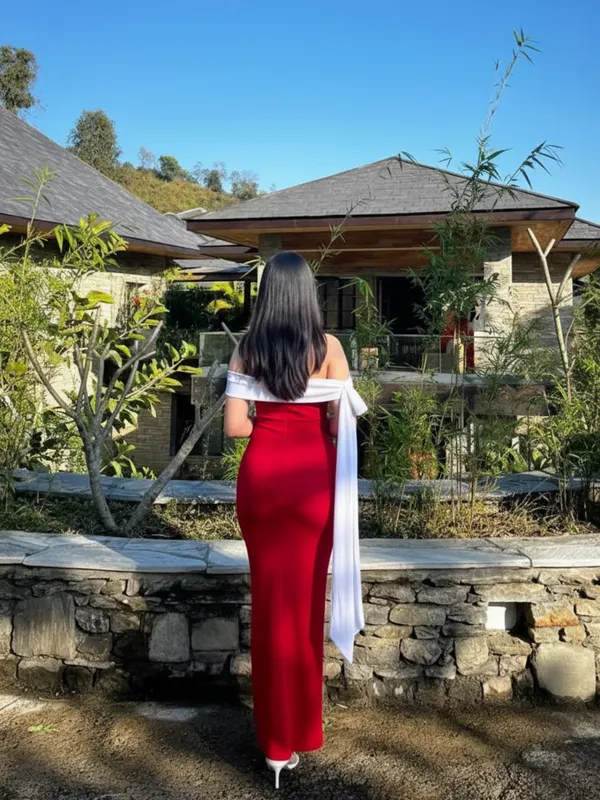 Ekeshwara_Scarlet_Off-Shoulder_Red_Maxi_Dress_with_White_Draped_Band|_Model_Height_5.8inch_,_Fabric_All_Way_Stretchable