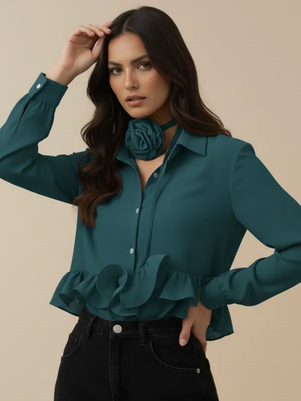 Ekeshwara_Teal_Green_Ruffle_Detail_Women's_Shirt_??Elegant_Button_Down_with_Rosette_Neck_Tie|_Model_Height_5.8inch_,_Fabric_All_Way_Stretchable