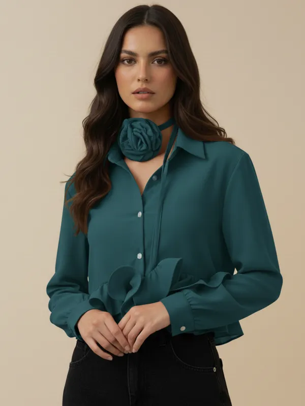 Ekeshwara_Teal_Green_Ruffle_Detail_Women's_Shirt_??Elegant_Button_Down_with_Rosette_Neck_Tie|_Model_Height_5.8inch_,_Fabric_All_Way_Stretchable