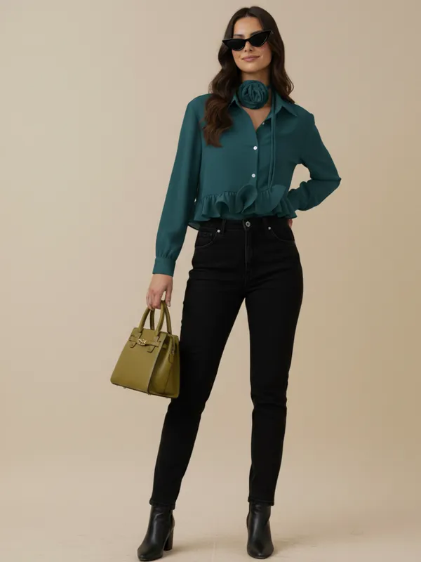 Ekeshwara_Teal_Green_Ruffle_Detail_Women's_Shirt_??Elegant_Button_Down_with_Rosette_Neck_Tie|_Model_Height_5.8inch_,_Fabric_All_Way_Stretchable
