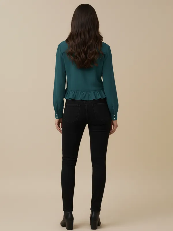 Ekeshwara_Teal_Green_Ruffle_Detail_Women's_Shirt_??Elegant_Button_Down_with_Rosette_Neck_Tie|_Model_Height_5.8inch_,_Fabric_All_Way_Stretchable