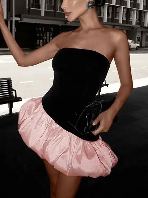Ekeshwara_The_Aura_Asymmetric_Bubble_Mini_Dress_–_Velvet_Black_&_Bubblegum_Pink|_Model_Height_5.8inch_,_Fabric_All_Way_Stretchable