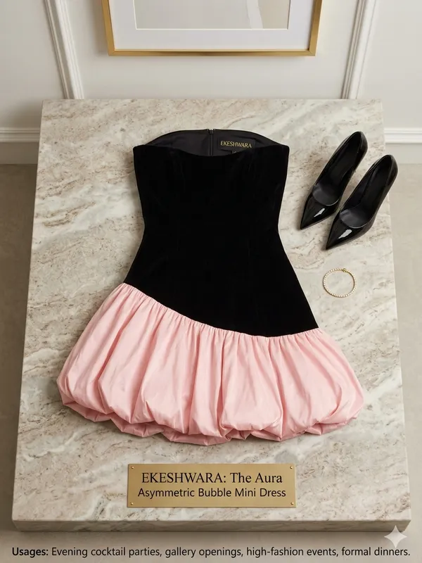 Ekeshwara_The_Aura_Asymmetric_Bubble_Mini_Dress_–_Velvet_Black_&_Bubblegum_Pink|_Model_Height_5.8inch_,_Fabric_All_Way_Stretchable