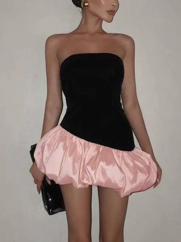 Ekeshwara_The_Aura_Asymmetric_Bubble_Mini_Dress_–_Velvet_Black_&_Bubblegum_Pink|_Model_Height_5.8inch_,_Fabric_All_Way_Stretchable