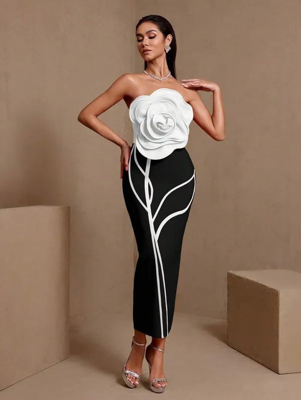 Ekeshwara_White_Rose_Black_Bodycon_Midi_Dress